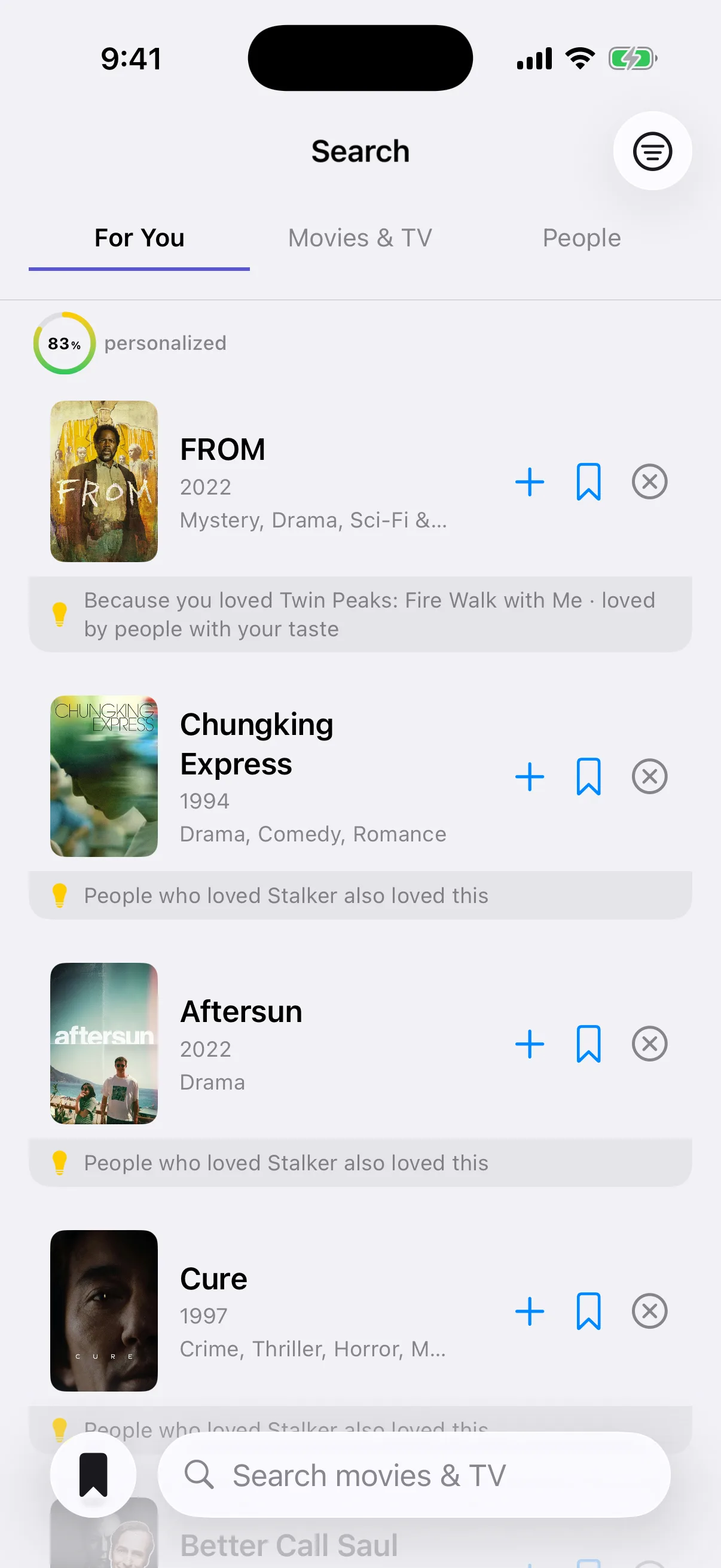 MoviePal For You feed with personalized recommendations and the reason each title was picked