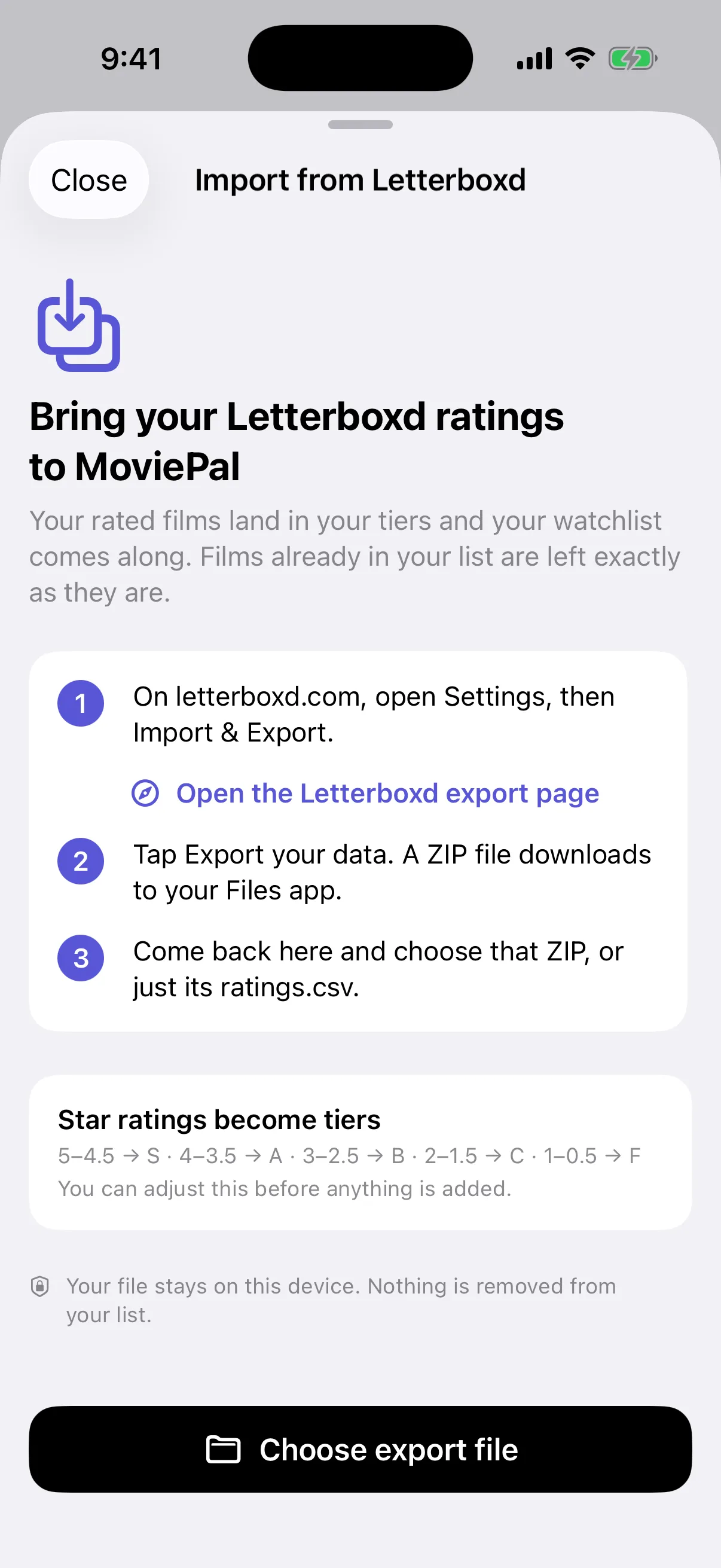 MoviePal's Import from Letterboxd screen with the rating-to-tier mapping