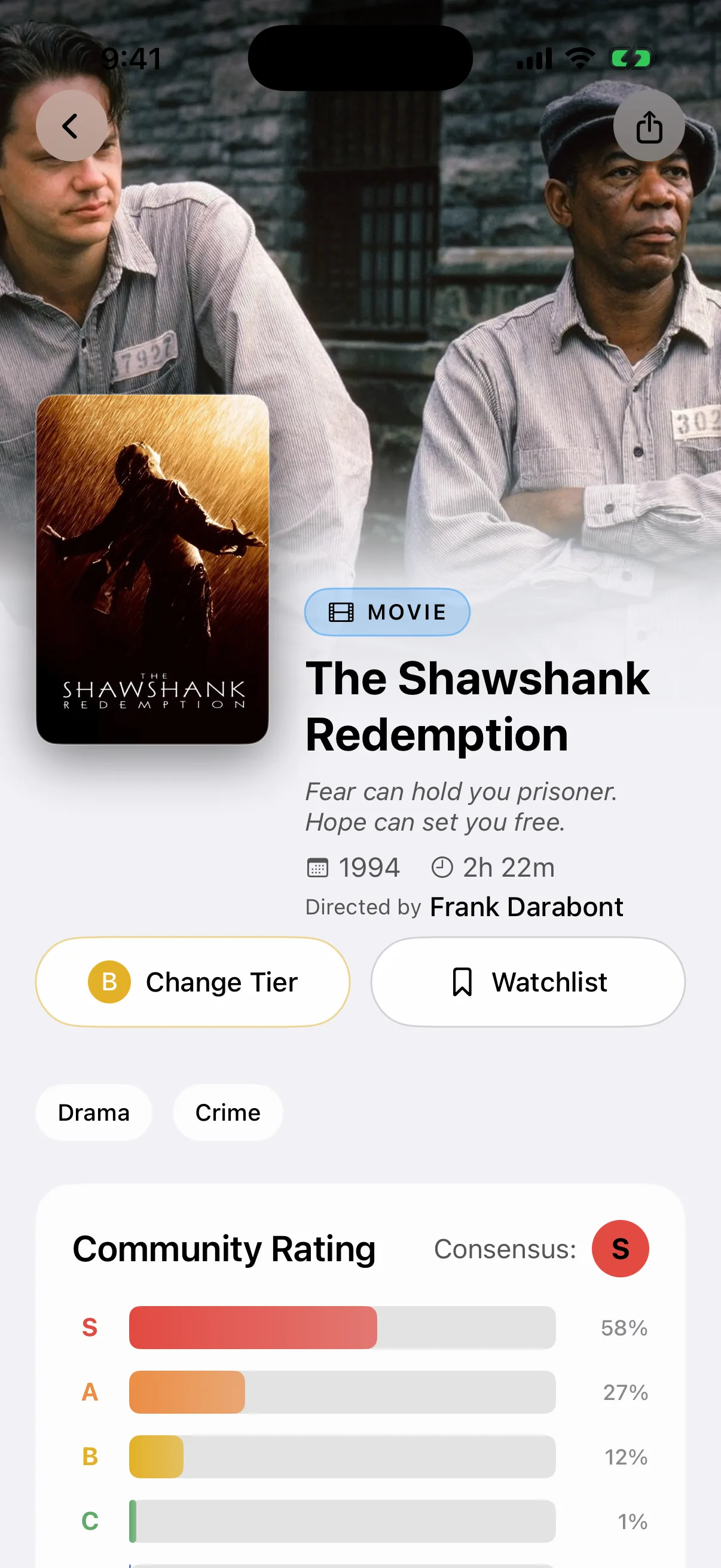 MoviePal movie detail page with community tier distribution and where-to-watch providers