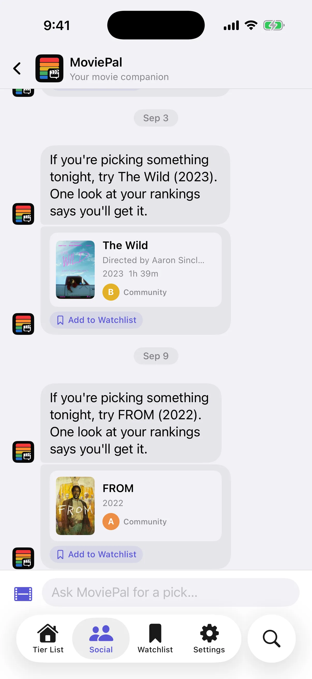 MoviePal AI companion chat suggesting a movie based on the user's rankings