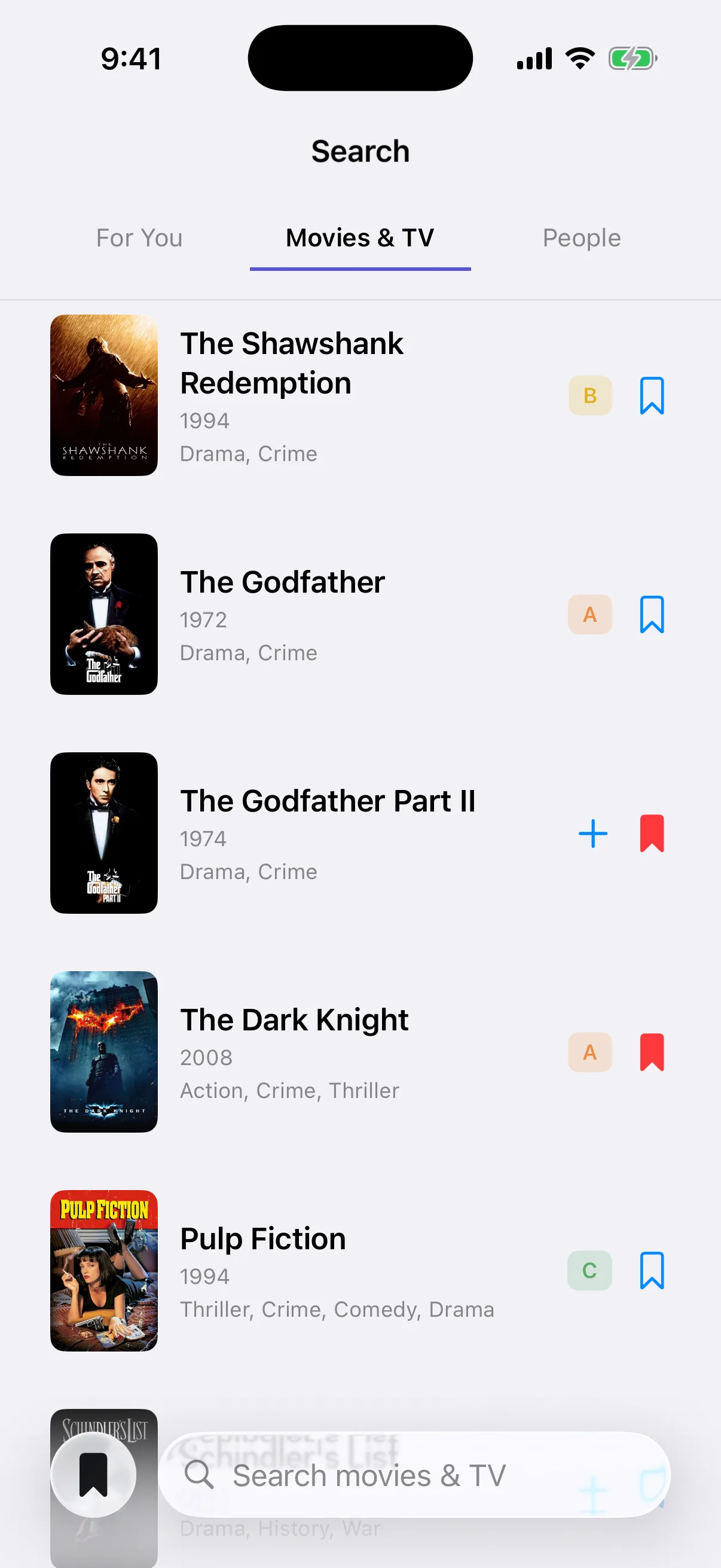 MoviePal search results for movies and TV shows, each showing the tier you gave it