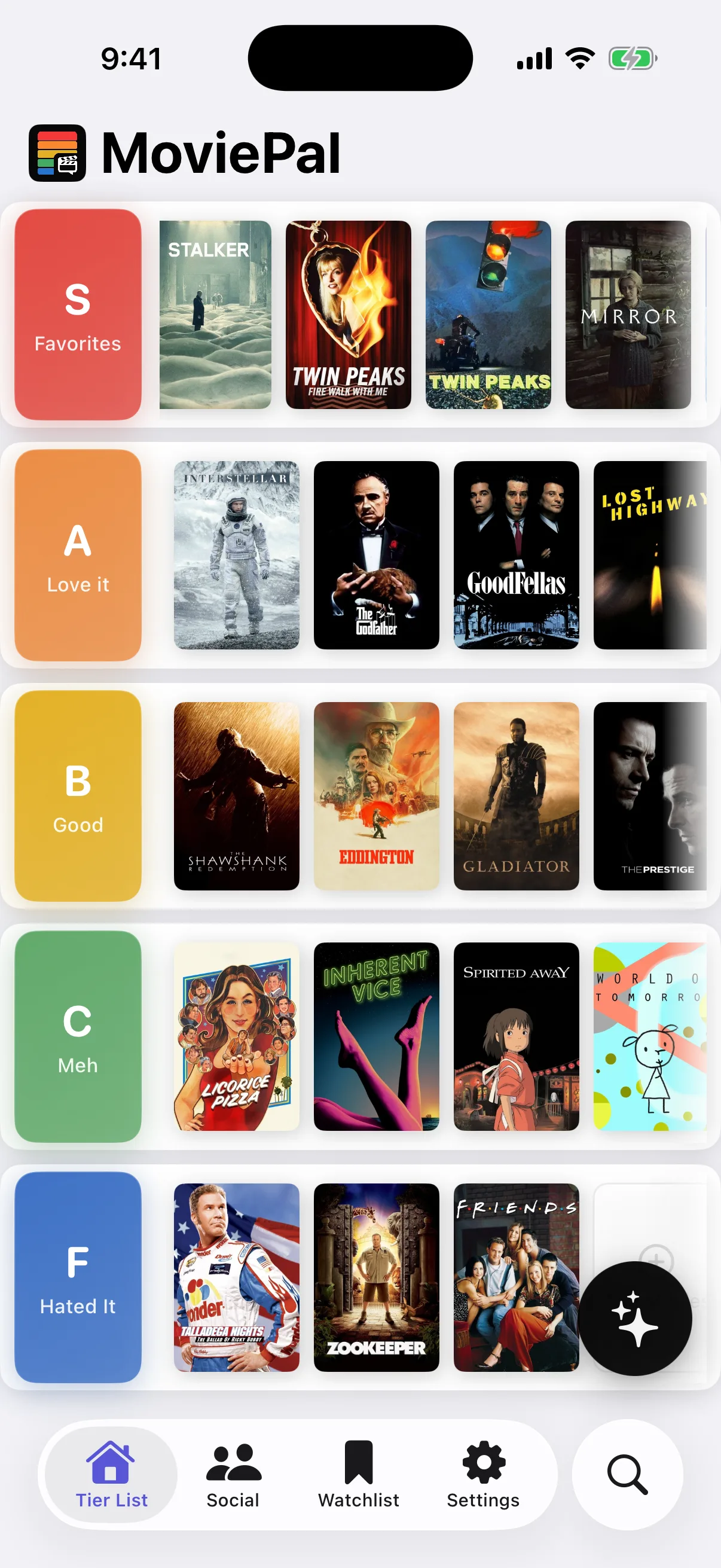 MoviePal tier list screen with movies ranked into S, A, B, C, and F tiers